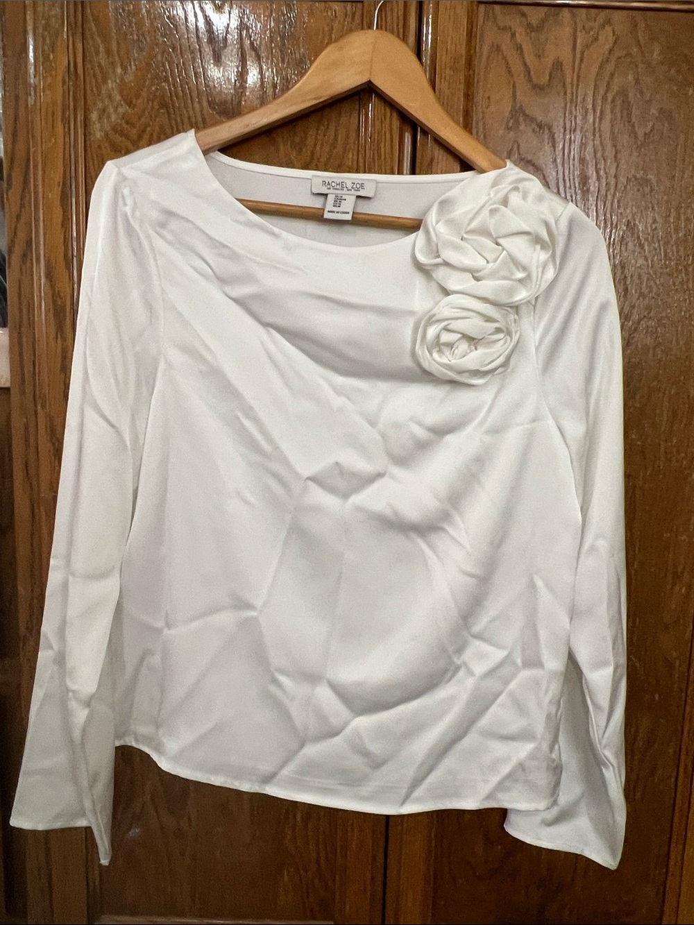 Rachel Zoe White Long Sleeve Top with Rosette Shoulder Detail